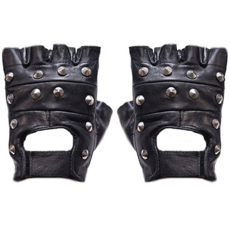 Leather Fingerless Gloves - Studded Black