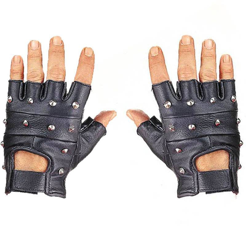 Leather Fingerless Gloves - Studded Black